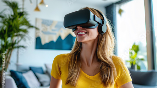 Woman using virtual reality headset in modern living room