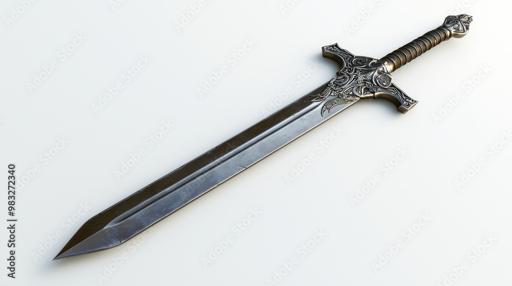 Glowing Fantasy Sword in 3D Illustration on Bright White Surface Glowing Fantasy Sword in 3D Illustration on Bright White Surface