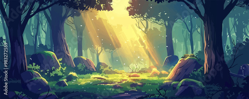 A mystical ancient forest with towering trees, moss-covered stones, and shafts of golden sunlight filtering through the canopy. Vector flat minimalistic isolated illustration.