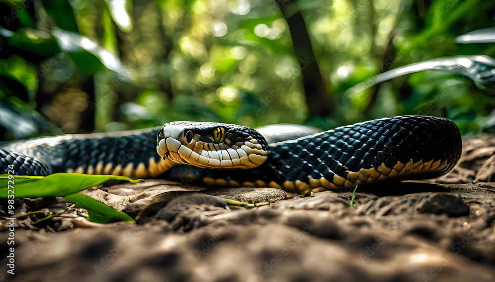 Fototapeta premium Close-up of a snake slithering in the grass with intricate scales and sharp eyes, showcasing its dangerous and venomous nature in the wild