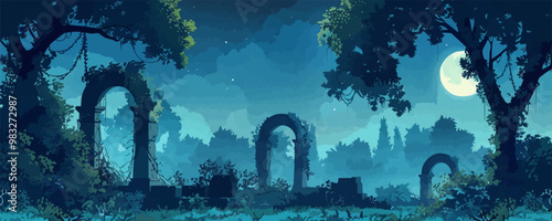 A mystical forest glade with ancient ruins entwined with ivy, illuminated by ethereal moonlight. Vector flat minimalistic isolated illustration.
