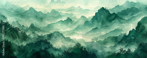 landscape mountain on Green background. Traditional watercolor oriental, Japanese style. Vector illustration