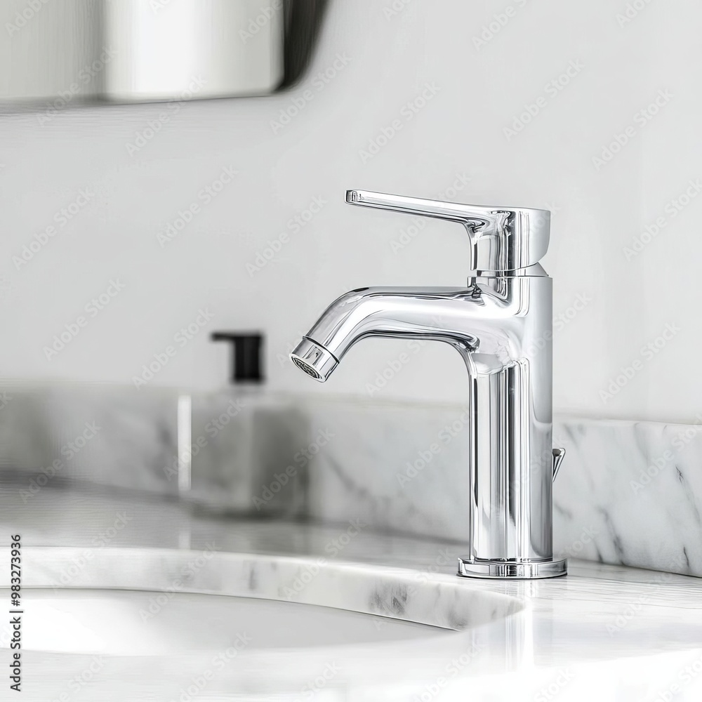 Chrome faucet with minimalist handles, mounted on a marble vanity, minimalist bathroom fixtures, modern sleek design Chrome faucet with minimalist handles, mounted on a marble vanity, minimalist bathroom fixtures, modern sleek design