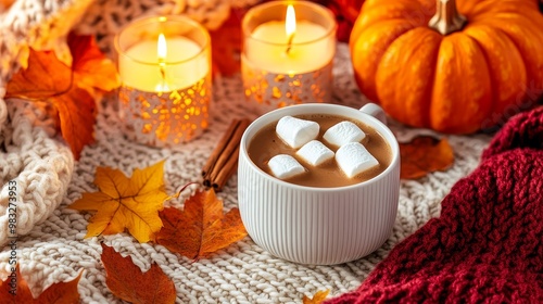 Cozy autumn scene with cocoa mug and marshmallow, pumpkin candles, warm sweater, cinnamon sticks, and vibrant leaves on a light background