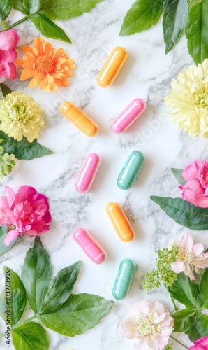 Probiotic, prebiotic, and postbiotic foods with medicine capsules. photo