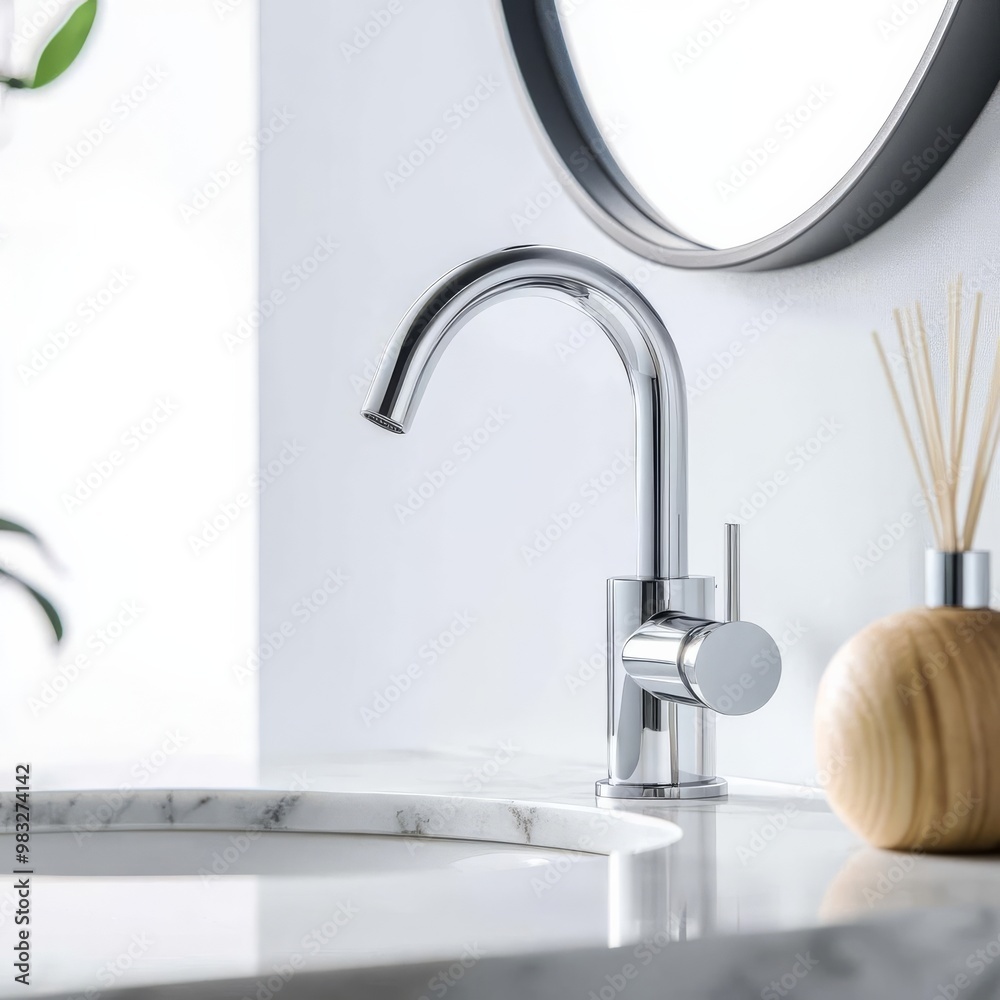 Chrome faucet with minimalist handles, mounted on a marble vanity, minimalist bathroom fixtures, modern sleek design Chrome faucet with minimalist handles, mounted on a marble vanity, minimalist bathroom fixtures, modern sleek design