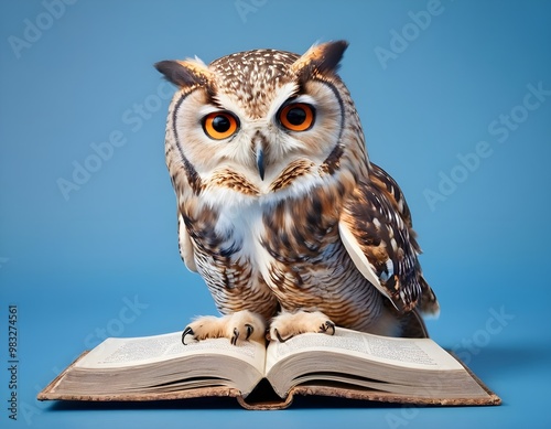 Wallpaper Mural Wisdom and education concept image with a wise owl reading a book on blue background with copy space Torontodigital.ca