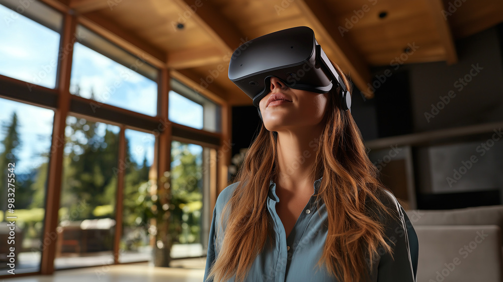 Woman using virtual reality headset in a modern wooden home