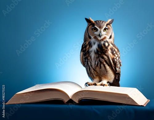 Wallpaper Mural Wisdom and education concept image with a wise owl reading a book on blue background with copy space Torontodigital.ca