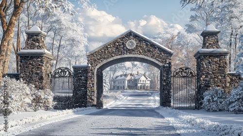 A stone gatehouse at the entrance of a snowy estate, its sturdy construction acting as the first line of warmth and security for the properties beyond photo