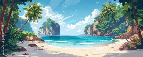 A secluded beach with golden sands and crystal-clear waters, framed by rugged cliffs and swaying palm trees. Digital art style vector flat minimalistic isolated illustration.