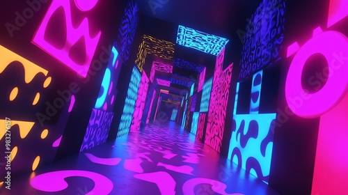 Abstract neon corridor with colorful walls and patterns.