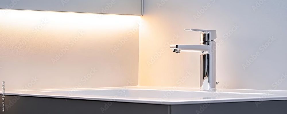 Floating vanity with integrated chrome faucet and seamless design, minimalist bathroom fixtures, sleek functionality Floating vanity with integrated chrome faucet and seamless design, minimalist bathroom fixtures, sleek functionality