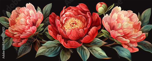 Fresh peony flowers on black isolated background. vector simple illustration