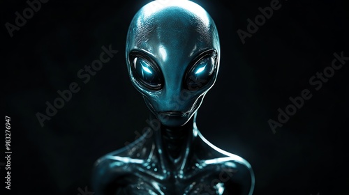 A close up of a grey alien with glowing blue eyes against a dark background. photo