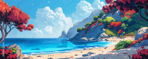 Rocky shores approaching the azure sea amidst colorful shrubs and trees. Digital art style vector flat minimalistic isolated illustration.