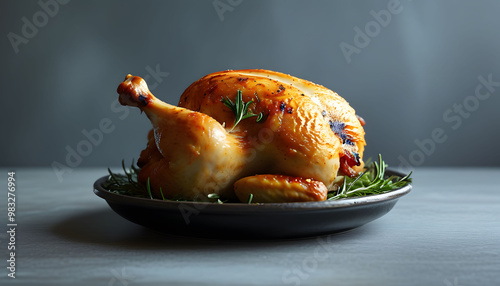 Fototapeta Naklejka Na Ścianę i Meble -  Roasted Chicken with Rosemary and Herbs on Black Plate