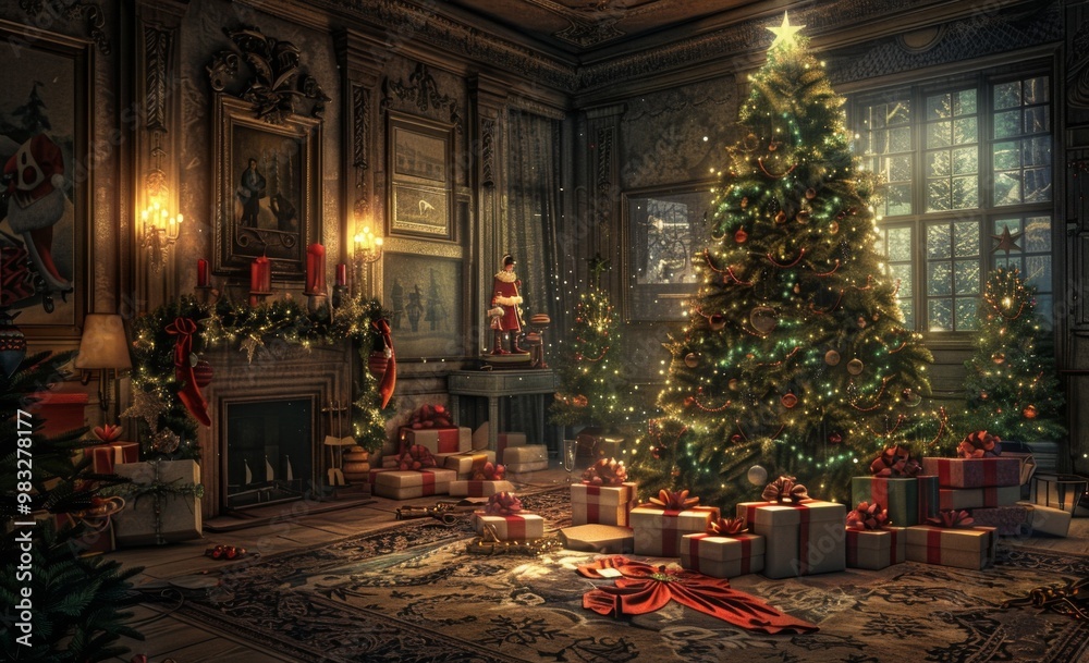 interior christmas. magic glowing tree, fireplace, gifts in dark interior christmas. magic glowing tree, fireplace, gifts in dark