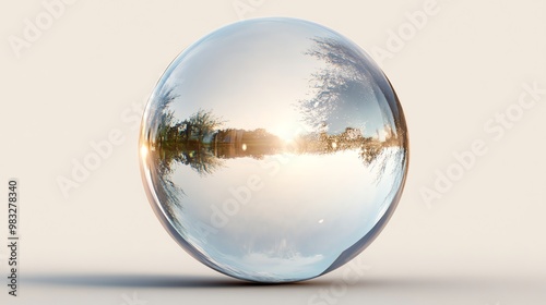 A crystal ball reflects a serene sunset over a lake and trees.