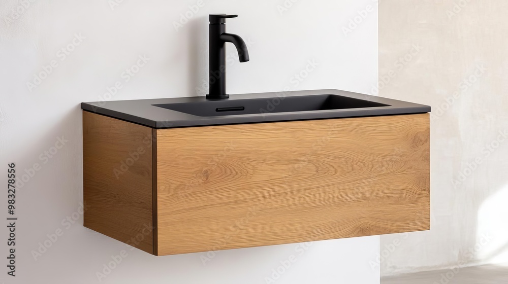 Floating wood vanity with built-in matte black faucet, minimalist bathroom fixtures, sleek natural design