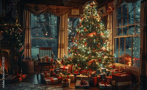 interior christmas. magic glowing tree, fireplace, gifts in dark