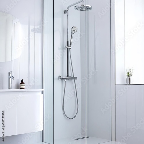 Frameless glass shower with minimalist chrome fixtures, minimalist bathroom fixtures, clean and elegant