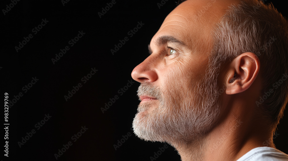 Fototapeta premium A profile view of a man with a thoughtful expression, featuring a beard covered, highlighting contrasts against a dark background.