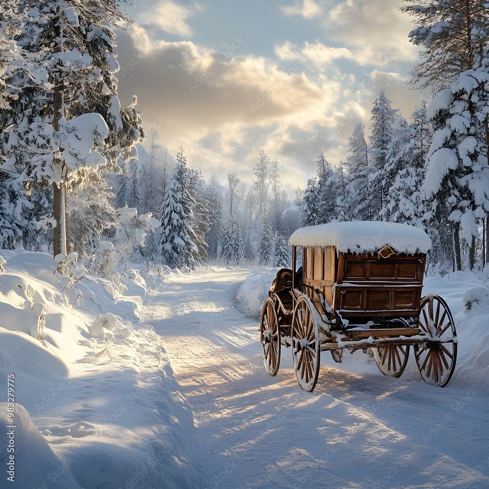 Warm Sunlight Glows as Dogs Lead a Sleigh Through Snow Covered Fields photo Warm Sunlight Glows as Dogs Lead a Sleigh Through Snow Covered Fields photo