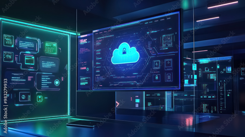 advanced cloud security system interface in high-tech control room advanced cloud security system interface in high-tech control room