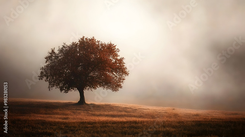 Solitary Tree Standing in the Middle of a Foggy Field at Sunrise, Evoking a Sense of Serenity and Natural Beauty in the Mist