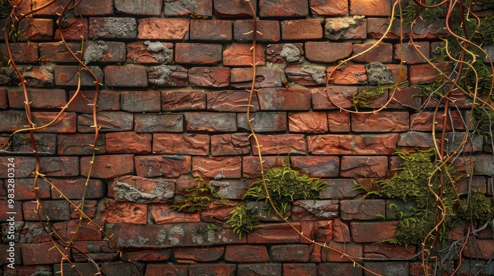 Rustic Brick Wall with Moss: Natural vines, aged appearance, soft lighting.
Rustic Brick Wall with Moss: Natural vines, aged appearance, soft lighting.