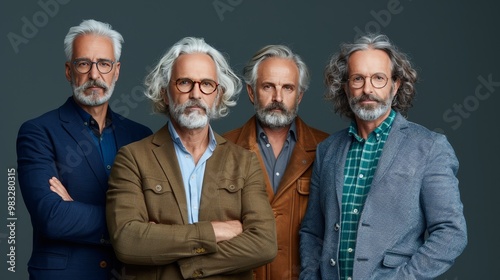 Four distinguished older men stand confidently, showcasing diverse styles and hairstyles. They exude charisma and individuality while posing against a minimalist backdrop.