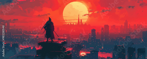 uturistic samurai standing on a building in cyberpunk city vector cartoon cyberpunk. vector simple illustration