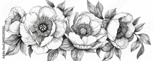 peonie line art sketch black and white. vector simple illustration