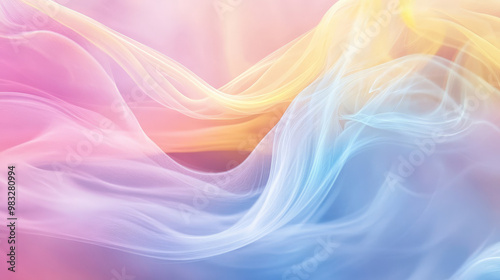 Wisps of soft pastel smoke in shades of pink, yellow, and blue blend seamlessly, creating a soothing, flowing abstract background with gentle movement.