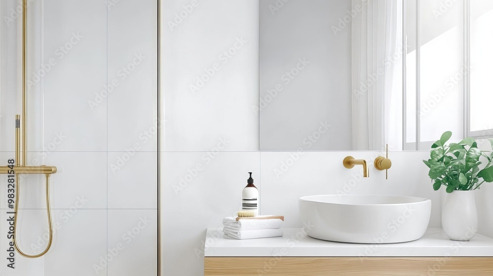 Fototapeta premium Frameless shower with minimalist brass hardware and simple lines, minimalist bathroom fixtures, modern sleek look