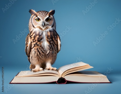 Wallpaper Mural Wisdom and education concept image with a wise owl reading a book on blue background with copy space Torontodigital.ca