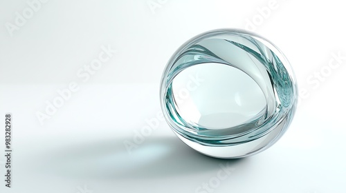 A glass sphere with a light blue tint sits on a white surface, casting a soft shadow.