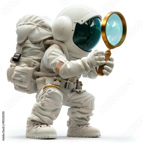 An adorable astronaut bends down, magnifying glass in hand, exploring a curious landscape. The character is clad in a puffy white space suit, ready for whimsical discoveries. photo