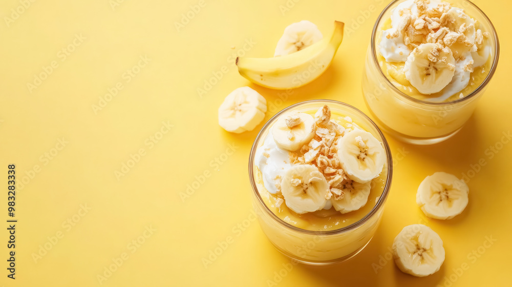 gourmet banana pudding in glass on yellow background