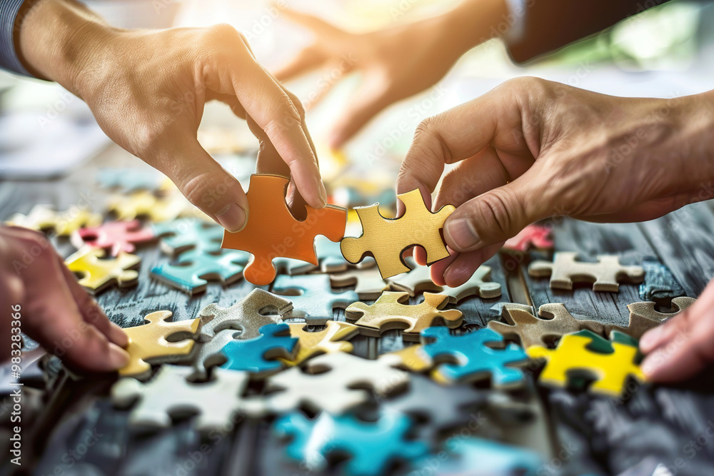 A group of people are working together to solve a jigsaw puzzle, generative ai image., A group of people are working together to solve a jigsaw puzzle, generative ai image.,