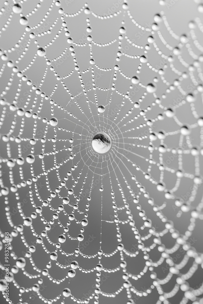 Obraz premium A spider web stretches across the frame, adorned with numerous dew droplets that sparkle as they catch the light. The intricate design showcases nature's artistry in the early hours.