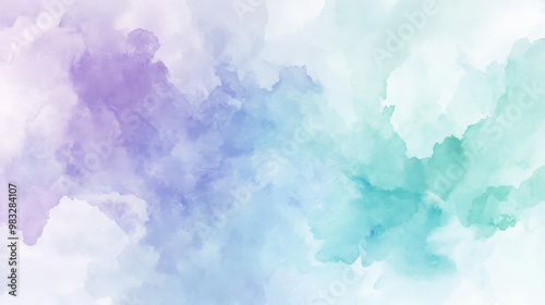 Delicate watercolor abstract background in light shades of lavender, sky blue, and mint green, with soft gradients and smooth brushstrokes.