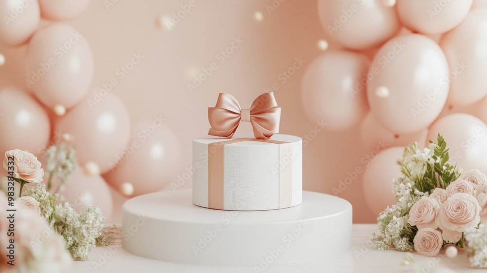 A simple white podium surrounded by soft-colored balloons, a gift box with a big bow, and flowers placed gently around for a heartwarming Mother's Day setup. A simple white podium surrounded by soft-colored balloons, a gift box with a big bow, and flowers placed gently around for a heartwarming Mother's Day setup.
