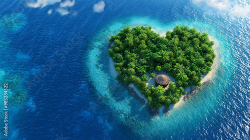 Heart-shaped tropical island surrounded by crystal clear waters