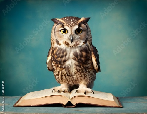 Wallpaper Mural Wisdom and education concept image with a wise owl reading a book on blue background with copy space Torontodigital.ca