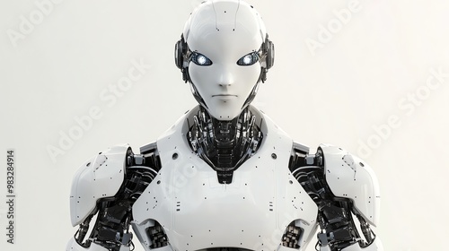 A humanoid robot stares into the camera with a neutral expression, its white metallic body and blue glowing eyes hinting at its artificial nature.