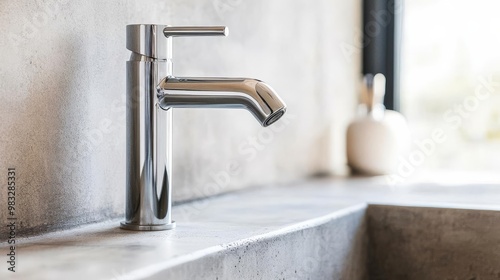 Seamless chrome faucet integrated into a concrete sink, minimalist bathroom fixtures, industrial chic