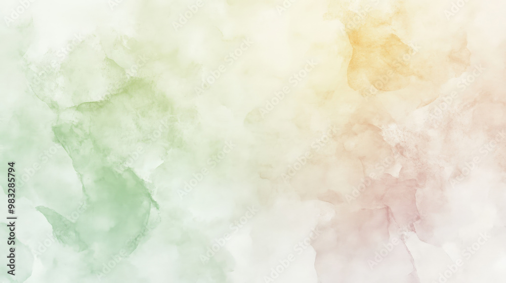 Obraz premium A soft and minimal watercolor abstract background with gentle blends of pale green, pastel yellow, and light lavender, forming a calming composition.