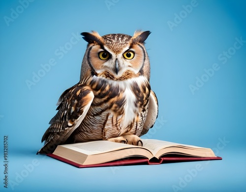 Wallpaper Mural Wisdom and education concept image with a wise owl reading a book on blue background with copy space Torontodigital.ca